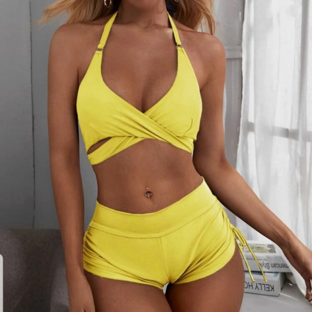 Criss Cross Drawstring Shorts Bikini Swimsuit